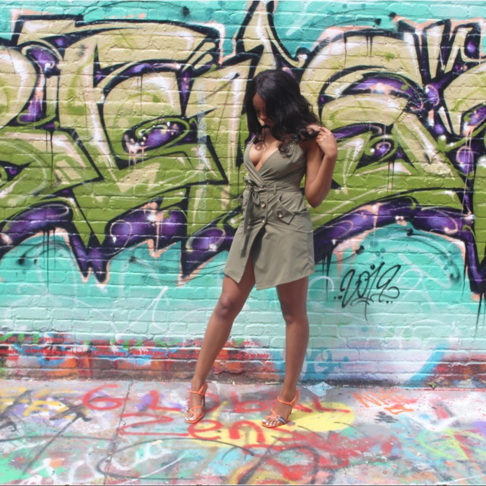 Army Green Wrapover Mini Button Dress